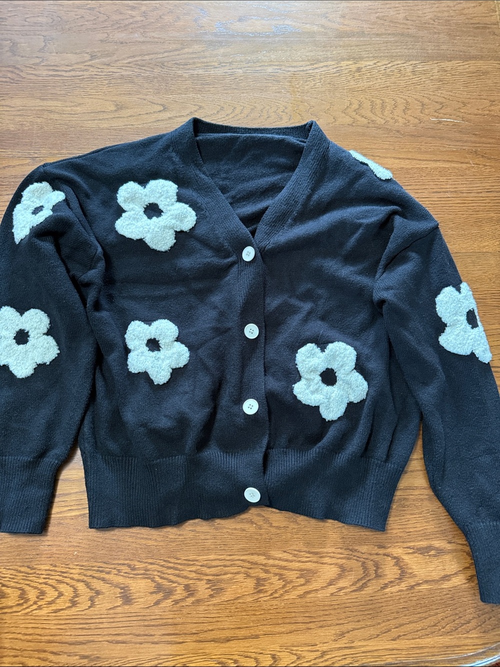 Cider Black Floral Appliqué V‑Neck Cardigan Sweater